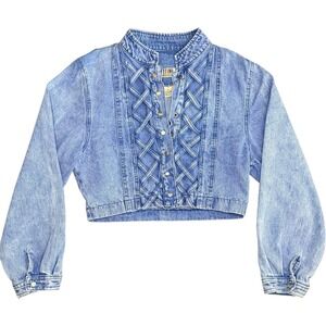 Vintage Stefano International Denim Jacket Womens M Blue Acid Wash Lattice *Flaw